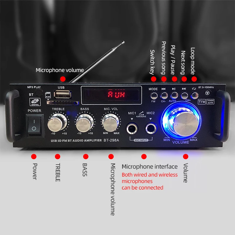 Oupushi BT298A цифровой усилитель 2 канальный Профессиональный для дома/автомобиль