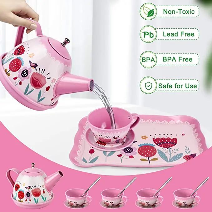 Tea Party Set for Little Girls Princess Tea Time Toy Including Dessert,Cookies,Doughnut Teapot Tray Cake Kids Kitchen Pretend