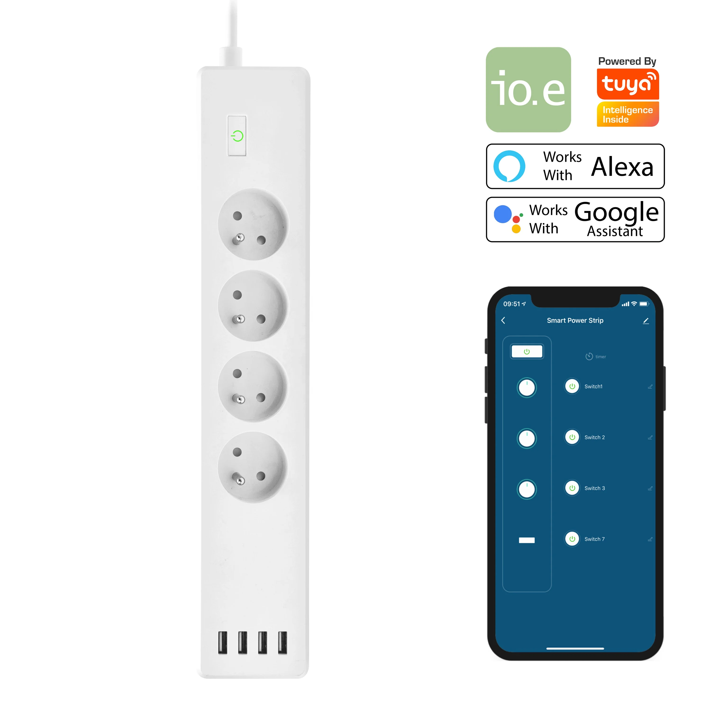 Smart Wi-Fi FR Power Strip APP control 16A 3680W 100-240V Tuya Smart works with Alexa and Google Assistant