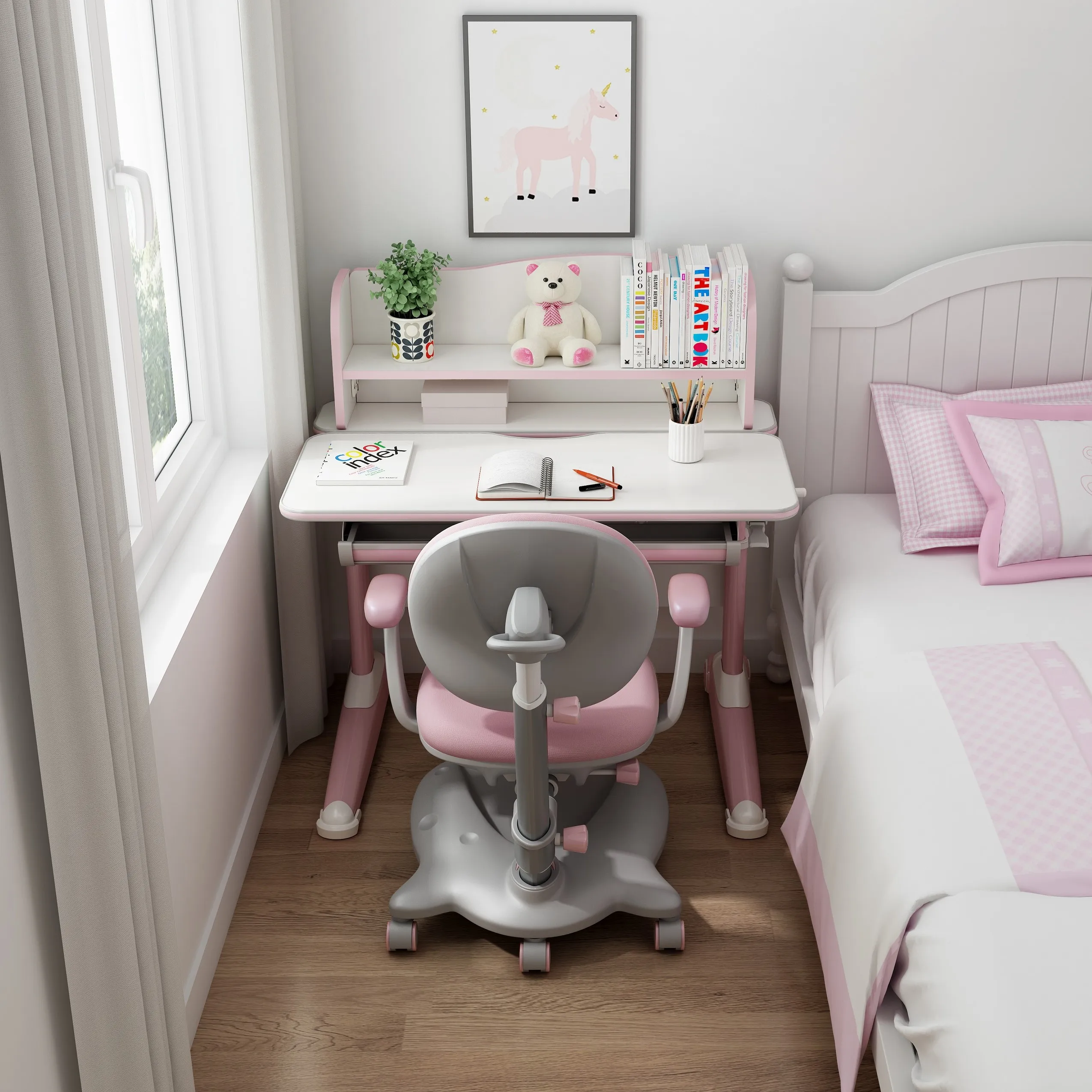 Новейший дизайн, розовый и синий, регулируемый по высоте эргономичный детский школьный стол и стул с ящиком для хранения