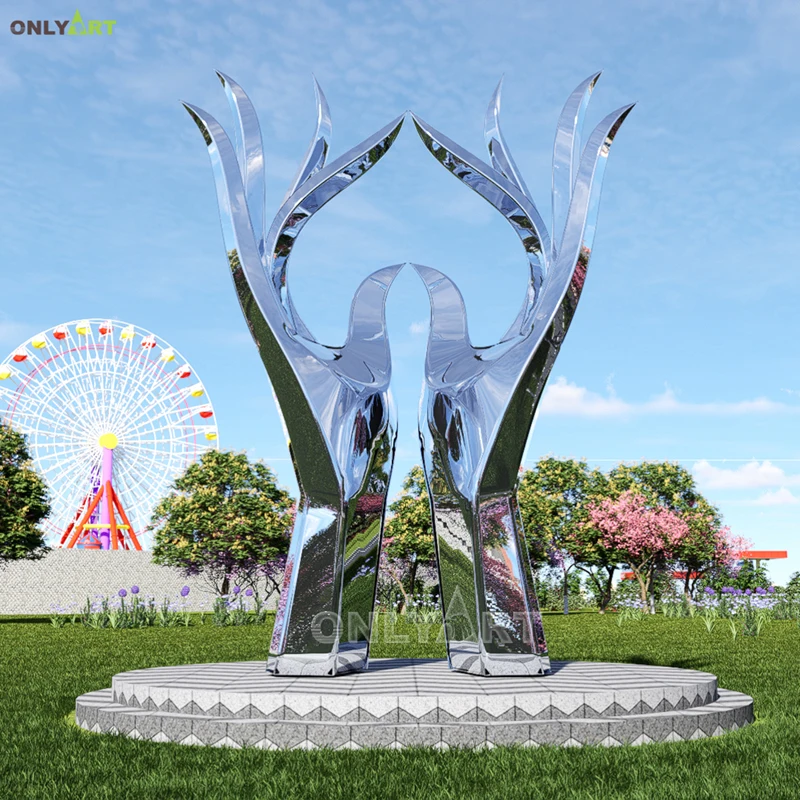 Custom Outdoor Garden Abstract Mirror Art Metal Statue Large Hand Stainless Steel Sculpture