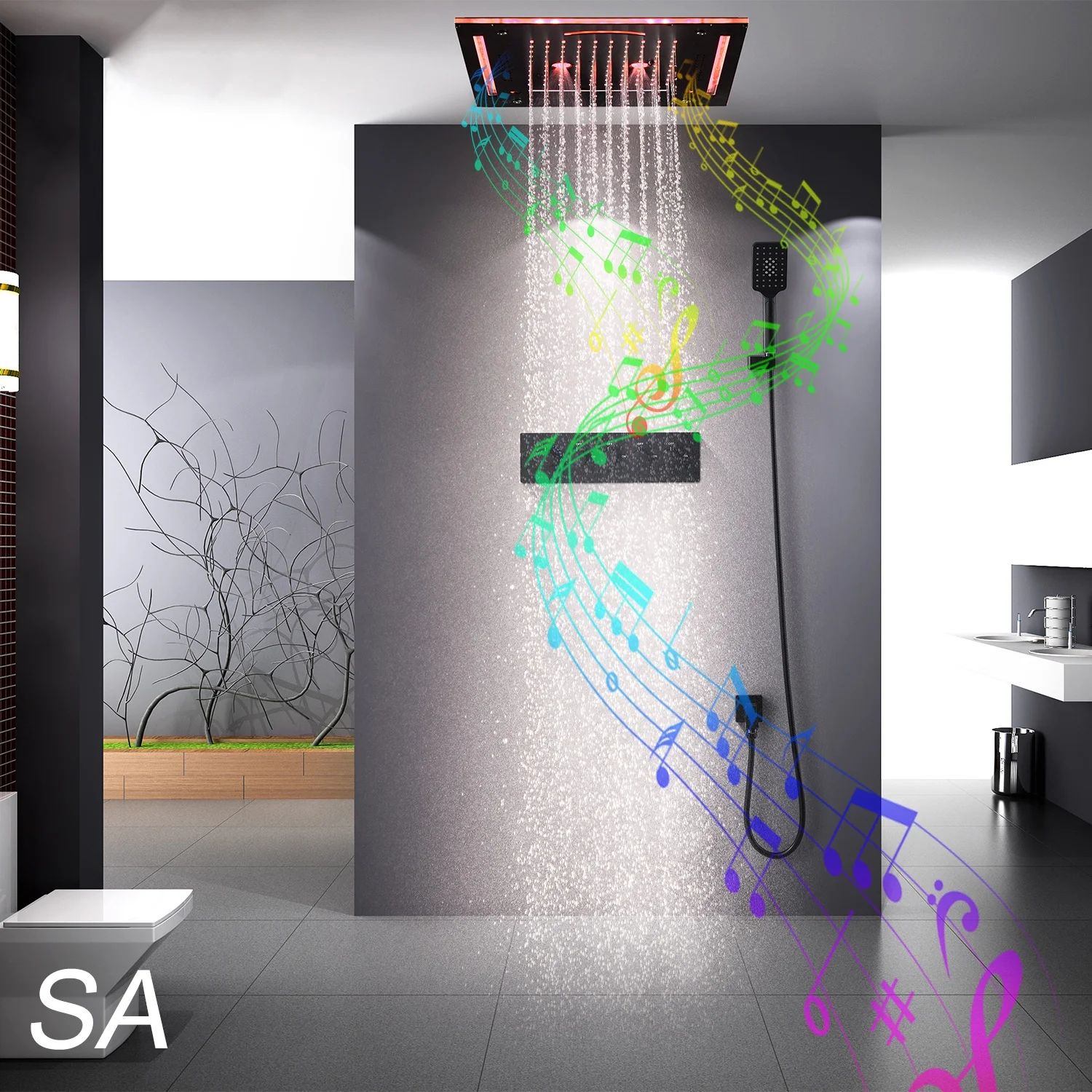 Luxury Bathroom Shower LED Black Stainless Steel Rain Shower Head Wall Mounted Tub Faucet Telephone Bluetooth Music Shower Set