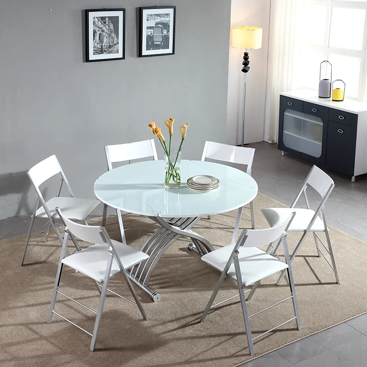 Modern Home Furniture Rotate Expand Lift Glass Top White Dining Table For Living Room