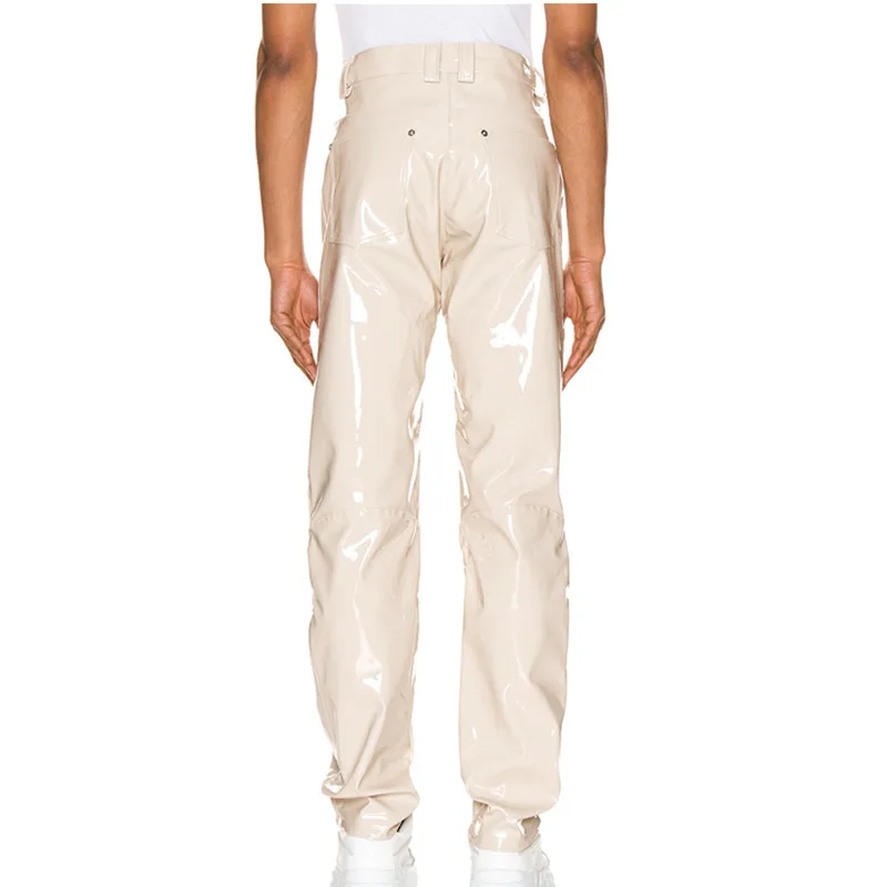 Men New Fashion Long Street Wear Trousers Pants High Waisted Vinyl Drawstring Flat Daily PU Pockets OEM Service 100% Polyester