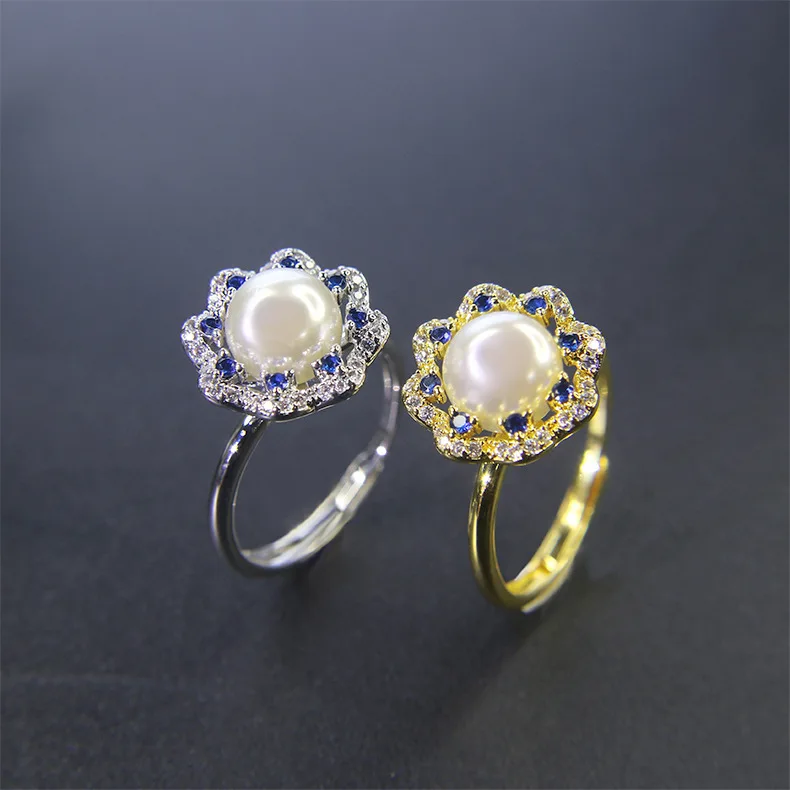 Delicate White Imitation Pearl Navy Crystal Flower Solitaire Ring Fashion Copper Zircon Wedding Bridal Jewelry for Women Gift