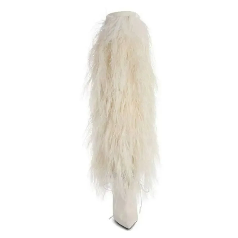 White Feather Fringe Women Boots  Sexy Pointed Toe Full Fur Thigh High Boots Thin Heels Suede Zip Runway Over The Knee Botas