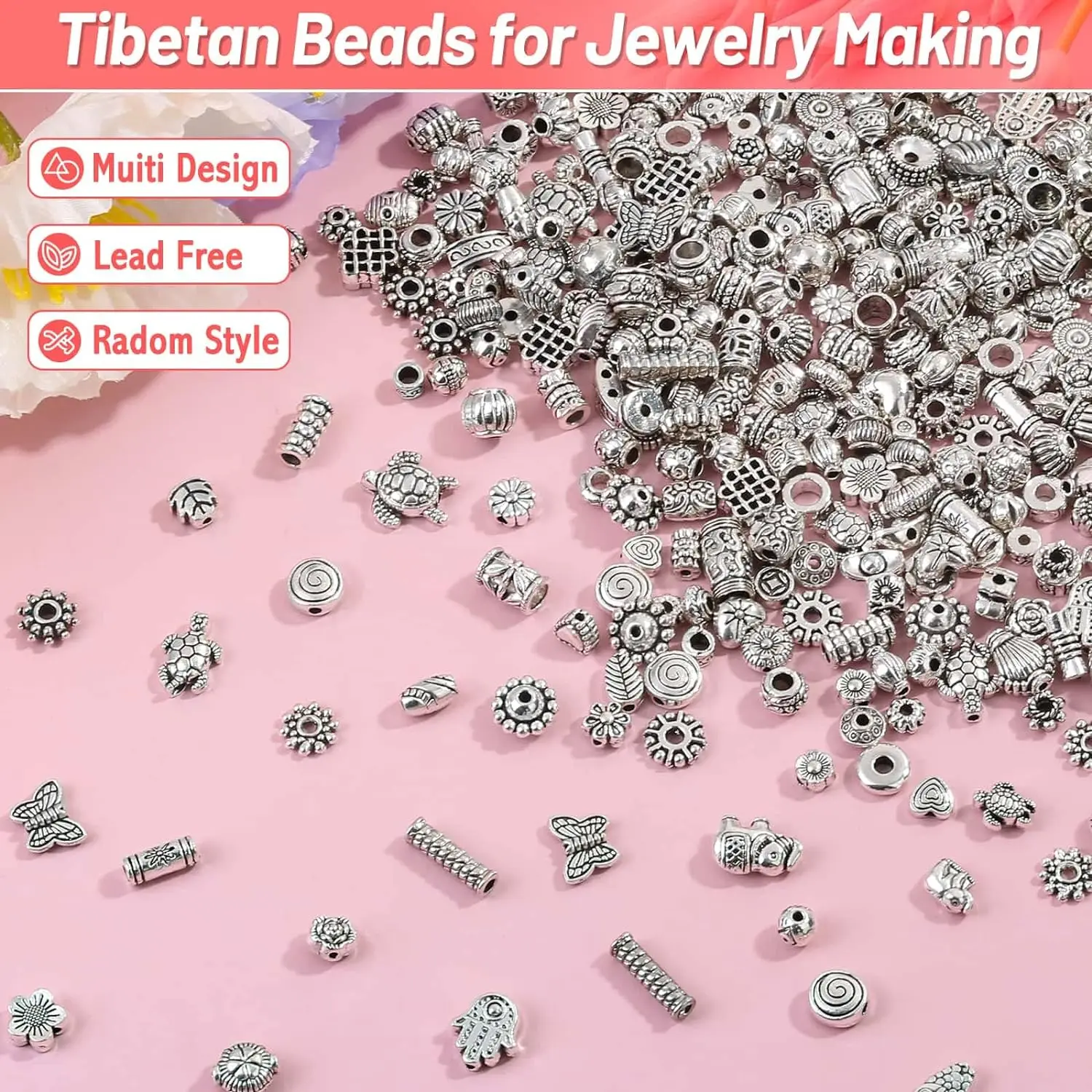 Bracelet Spacer Beads, Silver Bulk Random Styles Loose Spacer Metal Charm for Necklace, Earring Making DIY Jewelry Accessories