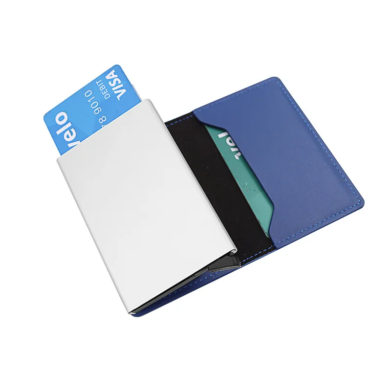 Custom pop up metal case pu leather RFID business card holder minimalist aluminum wallet man