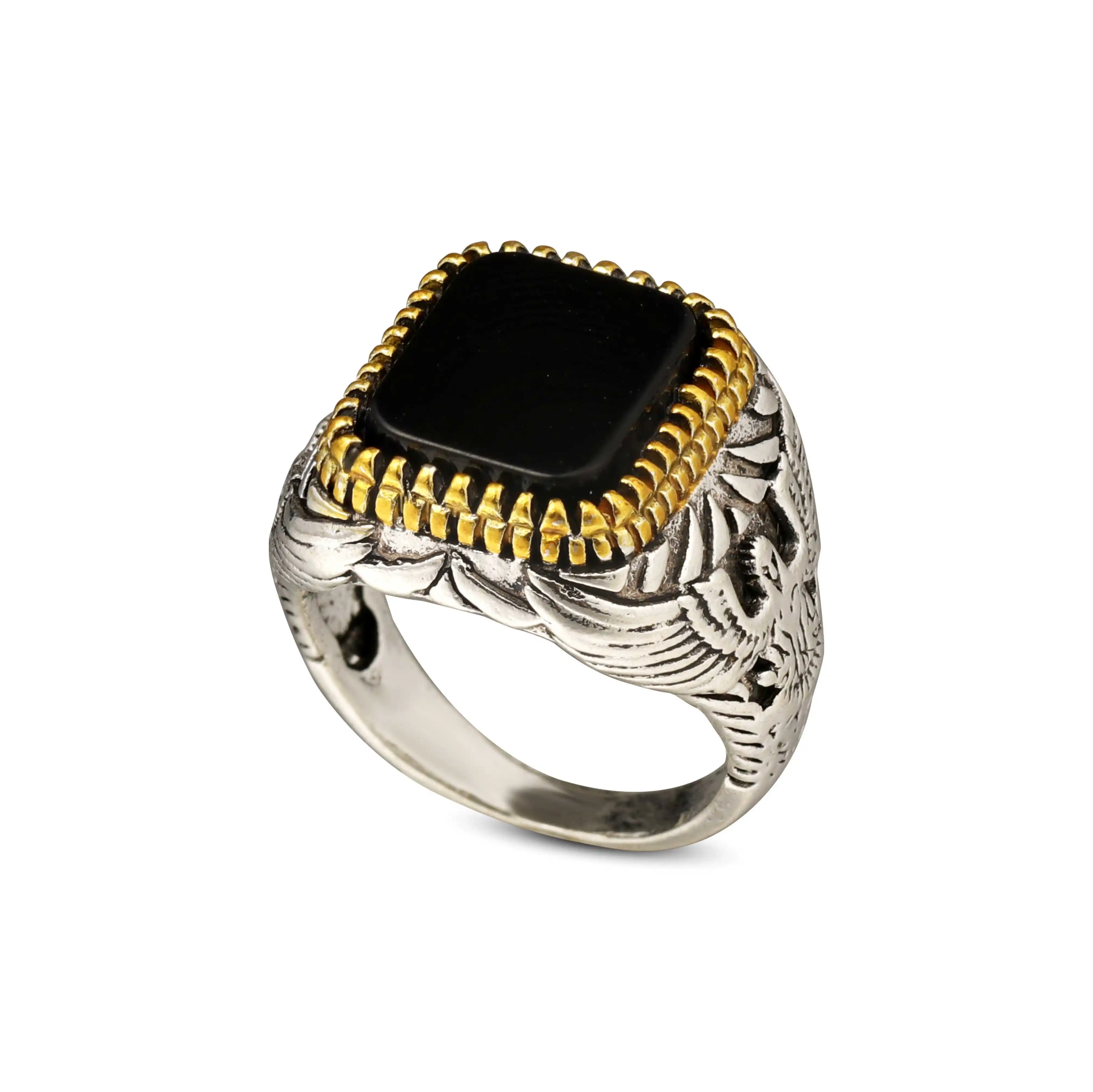 Round Factory Wholesale Round Black Gemstone Ring Ottoman Tugra Agate Stone Ring For Man