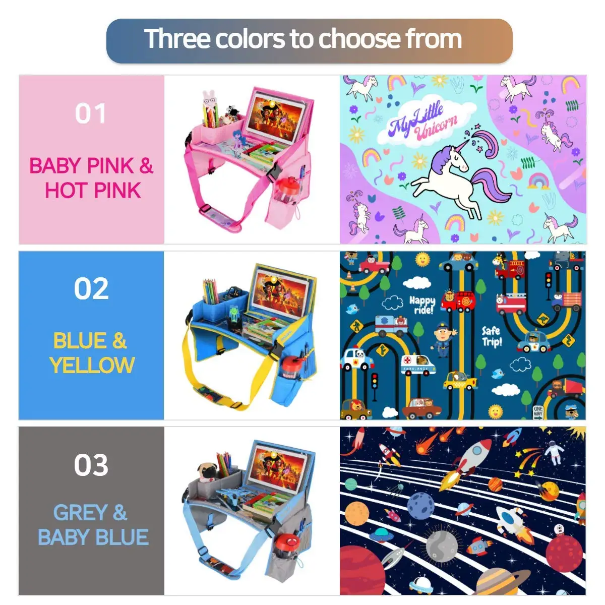 Premium Portable Kids Travel Tray Soft-Touch Anti-Slip Material Tray Bottom Fits Any Travel Car Seat New Upgrade Style Bag