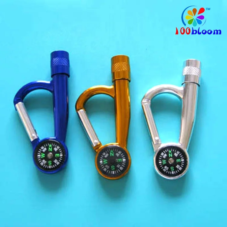 Factory wholesale 9cm aluminum led compass carabiner clip promotional key chain light led flashlight torch
