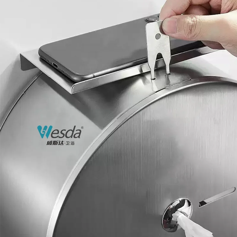 WESDA Public Bathroom Lockable Wall Mount Stainless Steel Roll Tissue Holder Commercial Jumbo Toilet Paper Dispenser with Shelf