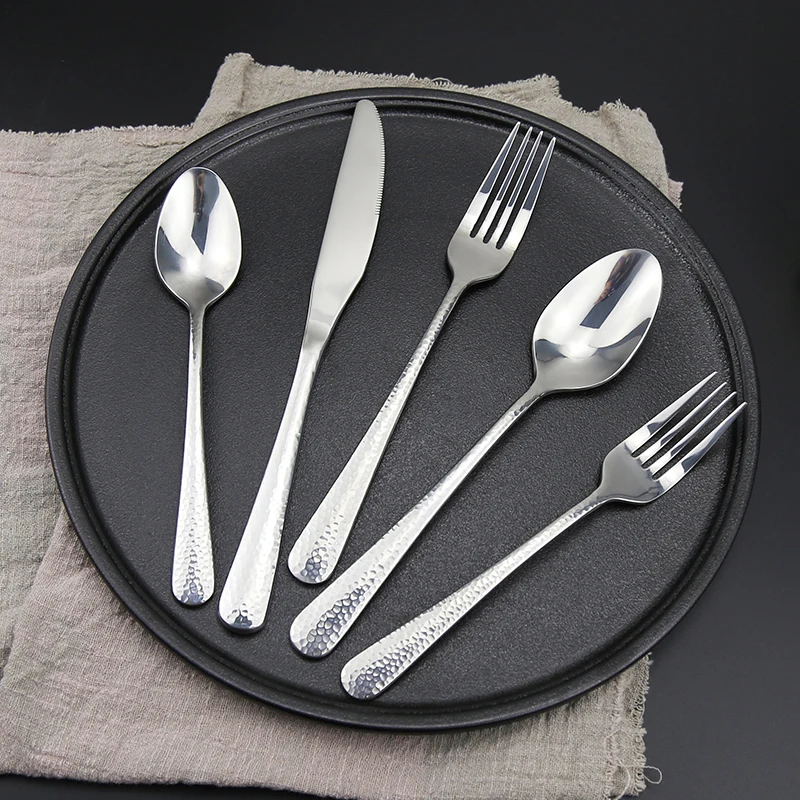 Cutlery with Hammered Handle Silverware Stainless Steel Spoon and Fork Mirror Design Flatware Set Wedding Restaurant