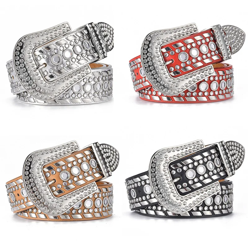 Customized Western Cowgirl and Cowboy Bling Bling Crystal Rhinestones Belt Studded Belt Removable Buckle for Women