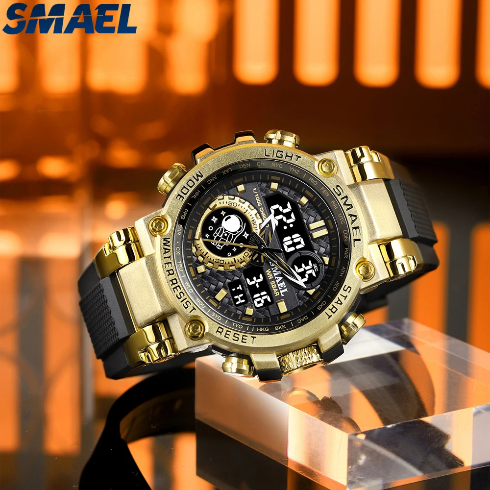 Smael Sports Alloy Gold Watch Men Watch Digital Quartz 8093 Men Watch Waterproof 50M Swimming Alock Clock Men Wristwatches