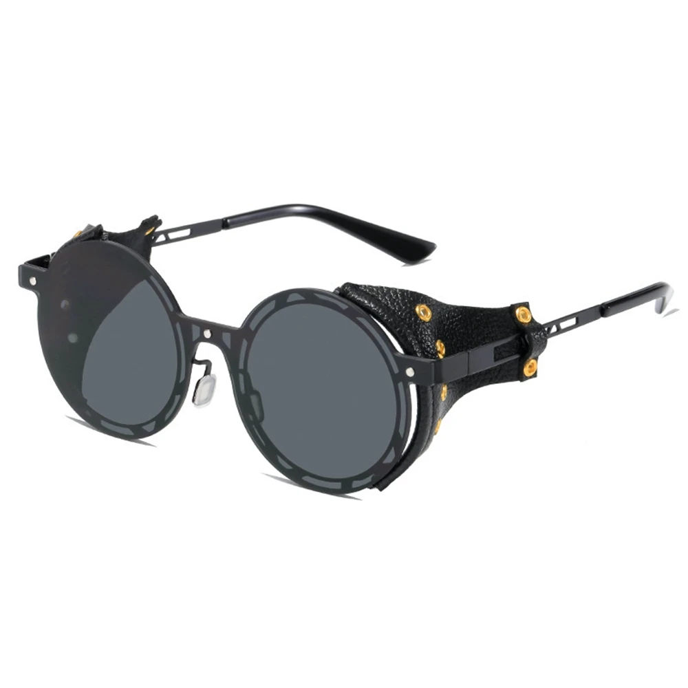 Vintage Leather Punk Sunglasses New Fashion Alloy Rivet Steampunk Sunglasses Male Round Eyewear Sunglasses