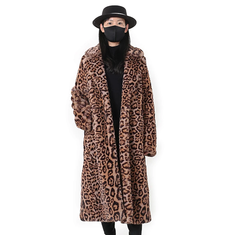 Hot Sell Turn Down Collar Mink Fur Coat Leopard Print Mink Faux Fur Coat Women Long