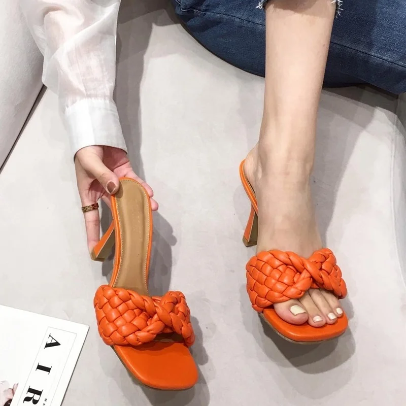 
Muti-color New Designed Cross Braid Band Square Toe High Heeled Slippers Women Summer Cool Sexy Sandals 