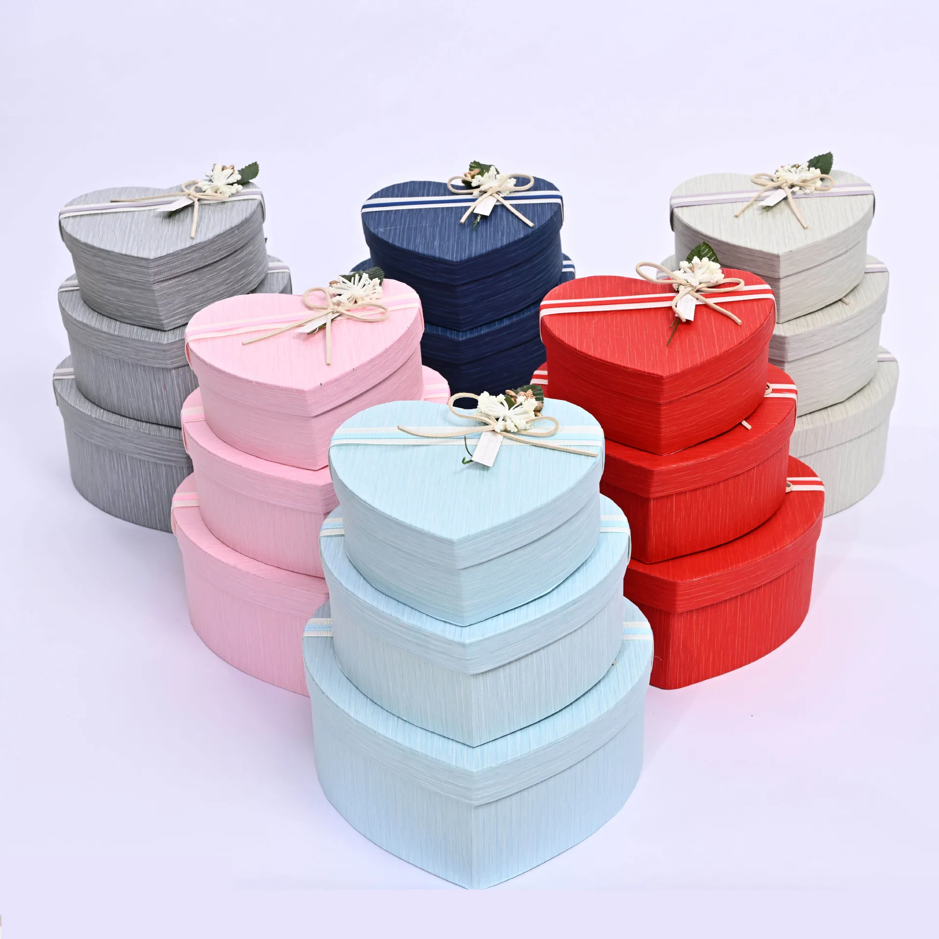 Competitive Price 3 Boxes Set Ribbon Bow Heart Shape Red Thickened Cardboard Paper Empty Flower Gift Box