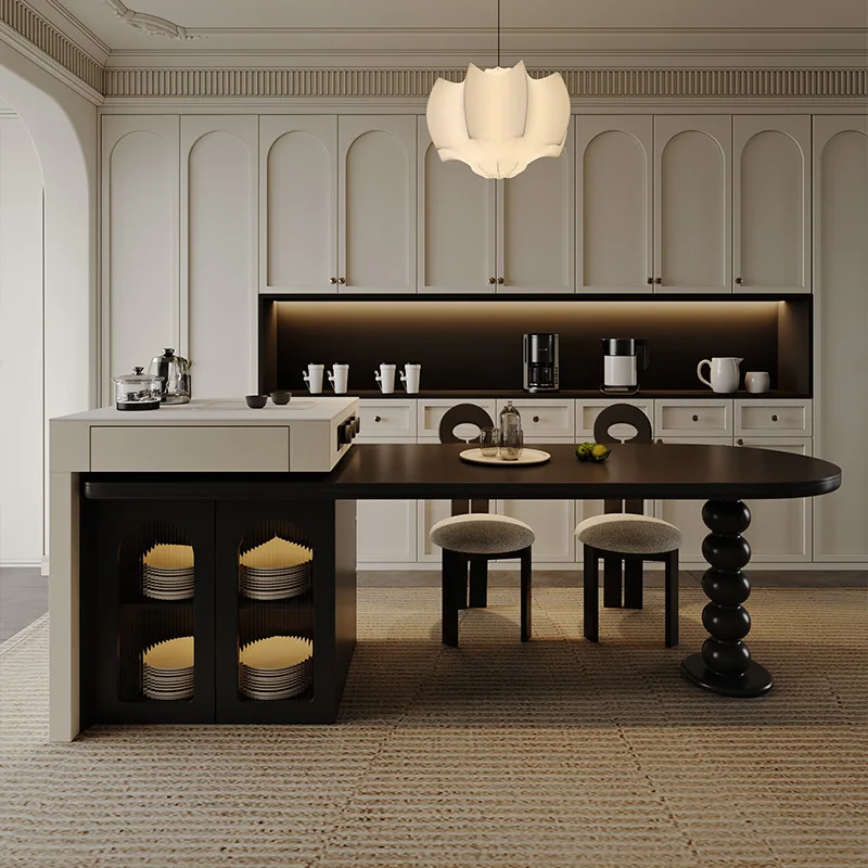 hot style new design top wood slab kitchen island table integrated high-end dining table and chair set