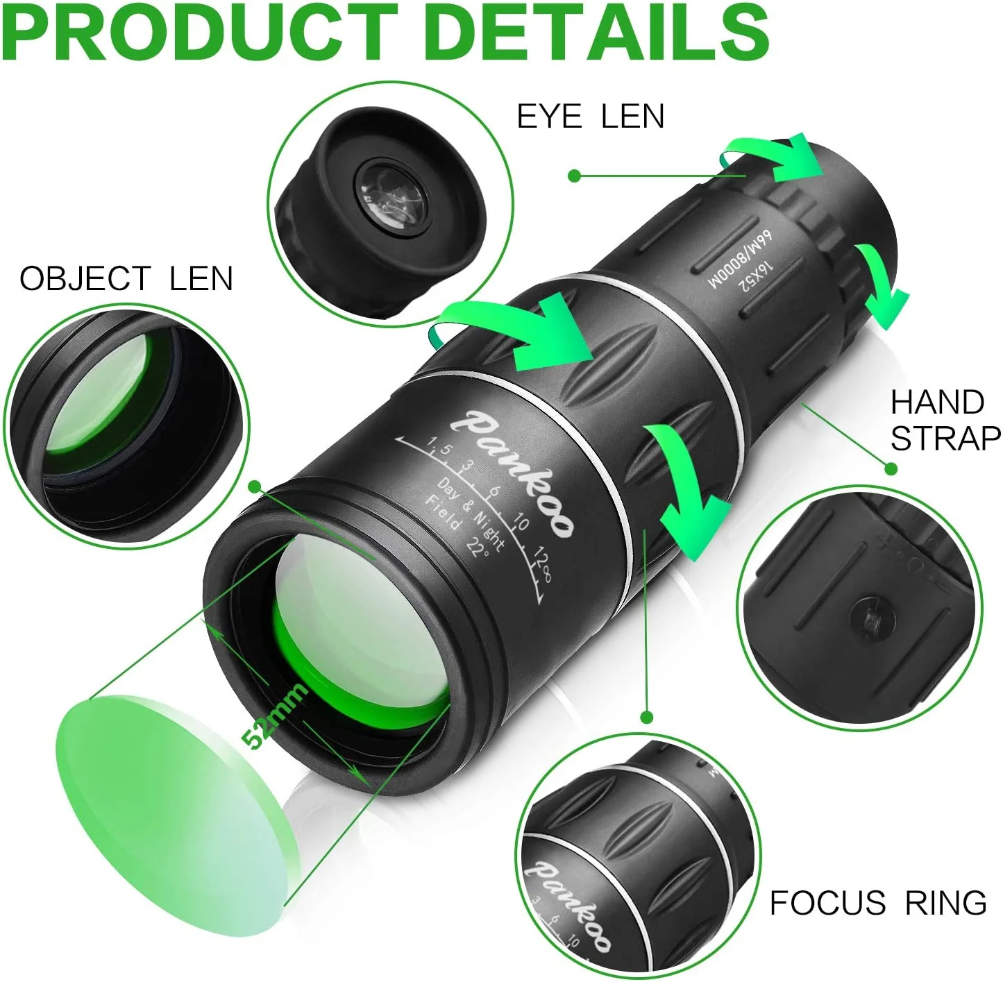 16X52 Monocular Telescope, High Power Prism Compact Monocular for Adults Kids HD Monocular Scope for Bird Watching Hiking Conce