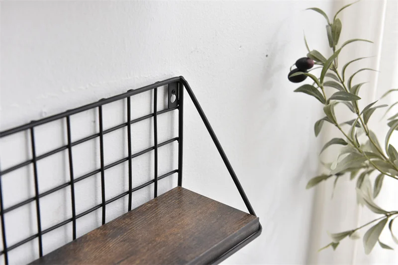 Vintage beauty products display wooden wall mounted shelf with metal frame, rustic decoration wall shelf for living room