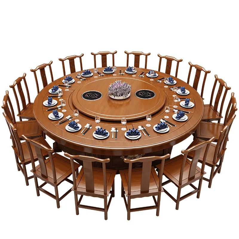 Hotel Electric Dining Table Large round Table 20 People Solid Wood Restaurant Club Hot Pot Table