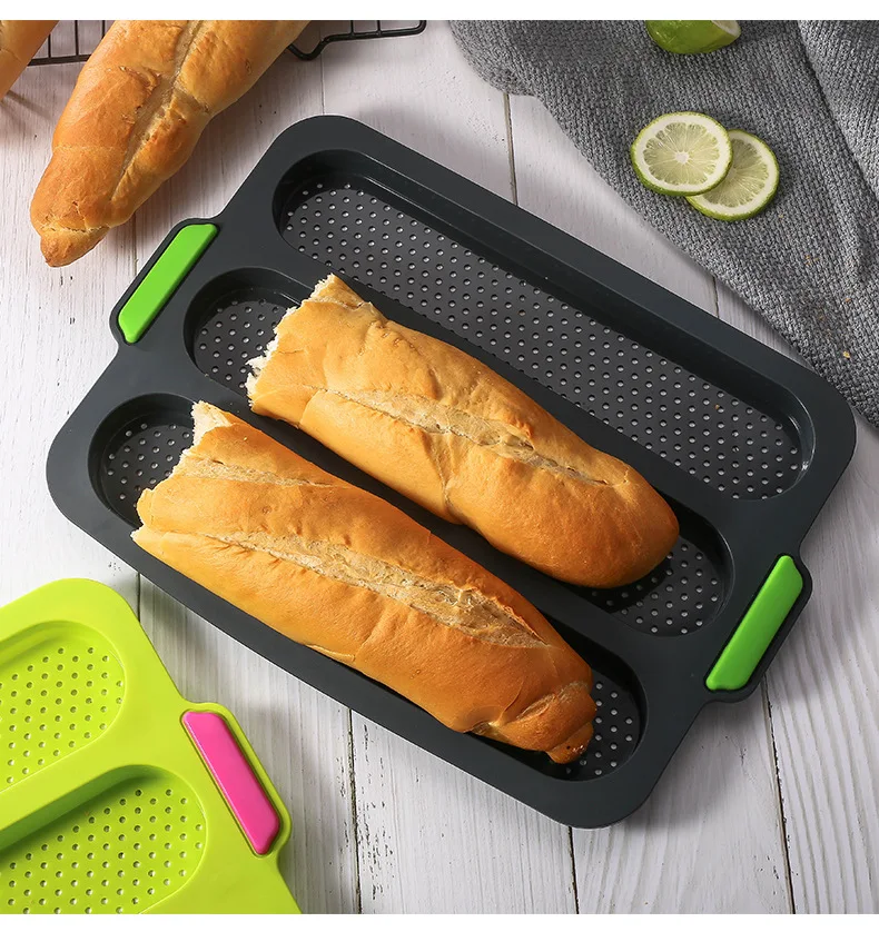 Kitchen Food Grade Utensil 3 Openings Rhomb Bottom Silicone Baguette French Bread Cake Baking Mold
