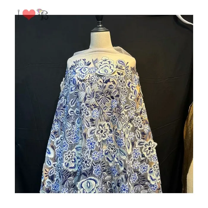 blue with white 3d floral organza embroidery lace fabric for fashion dress handcut 3d floral lace