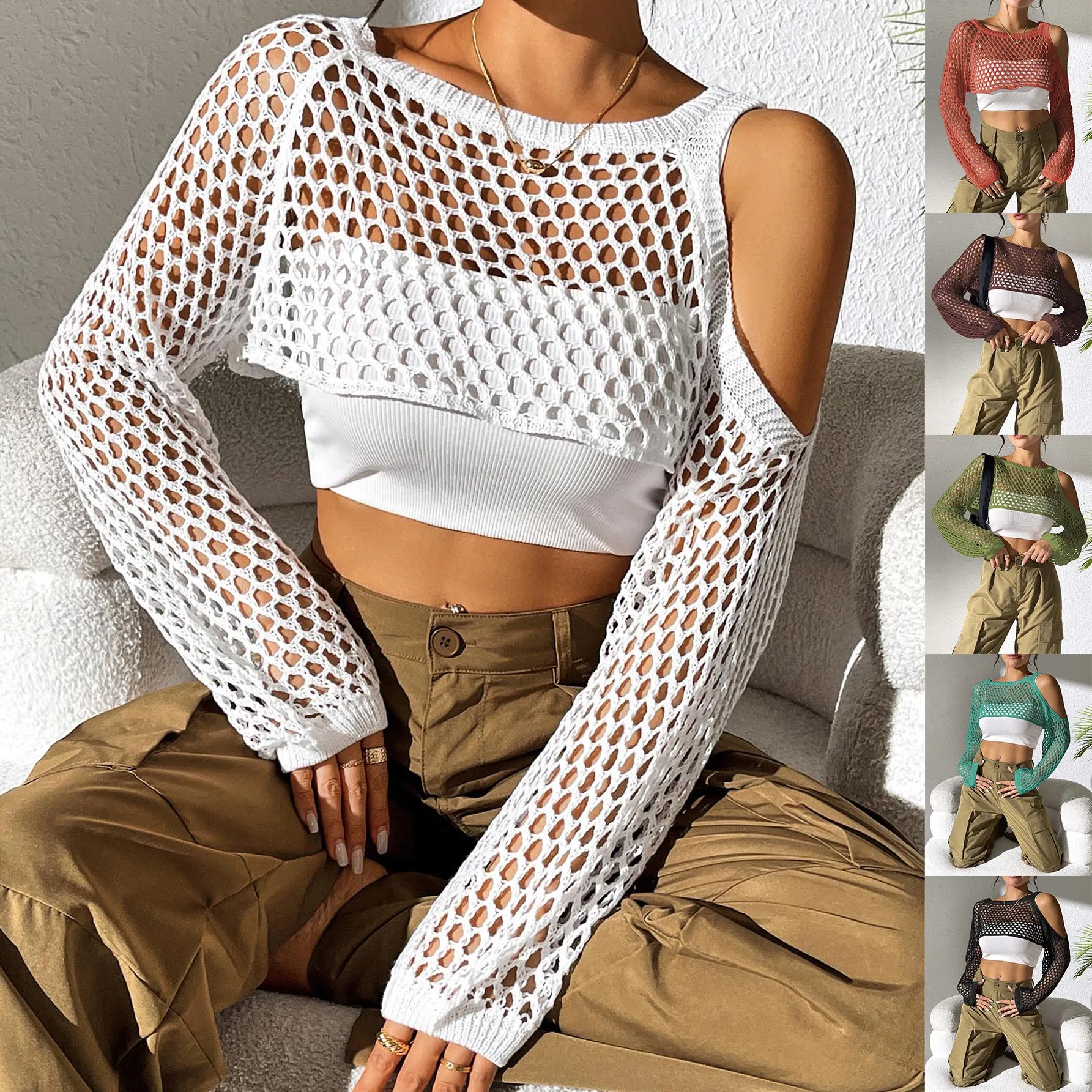 Factory Women Mesh Crochet Bikini Vacation Style Beach See Through Cover Ups Long Sleeve Knit Hollow Out Shrug Sweater Crop Top