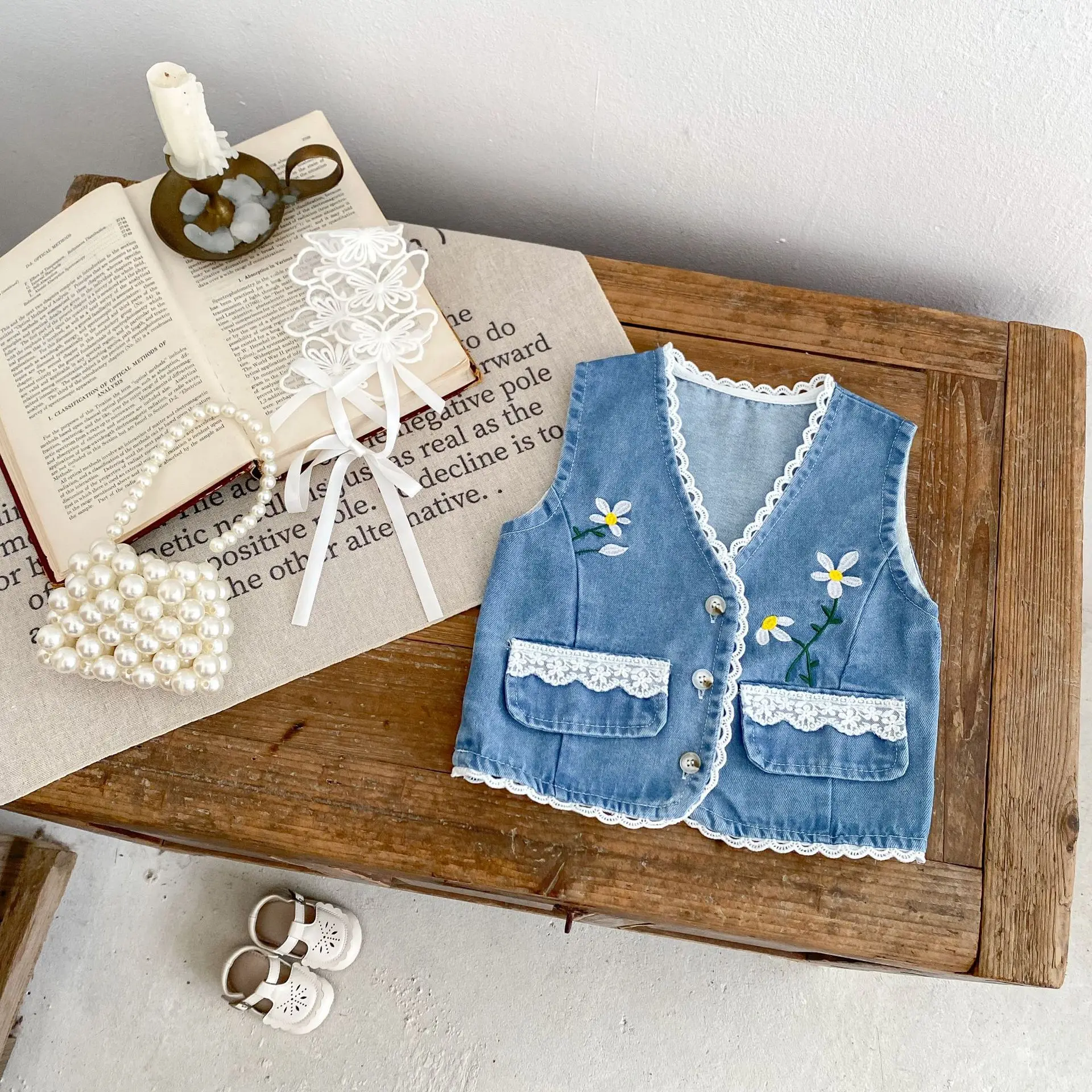 Engepapa Autumn Newborn Baby 100% Cotton Vest Infant Girls Flower Printing Clothes Toddler Sleeveless Denim Clothing