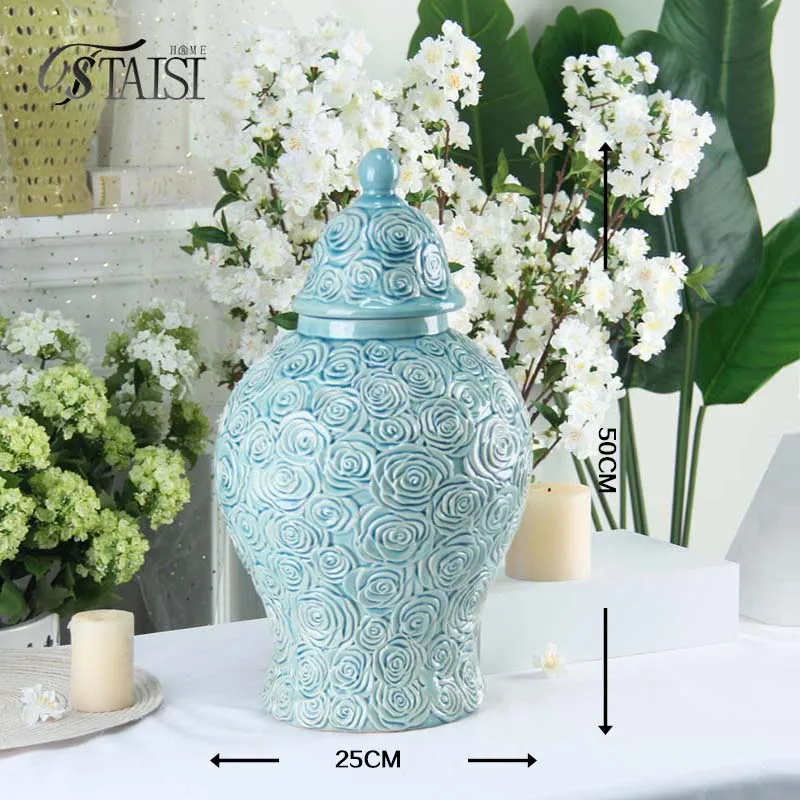 J324LBA 15 inch ginger jar vase for hotel lobby decorative vases for home decor ceramic ornament embossed rose vase