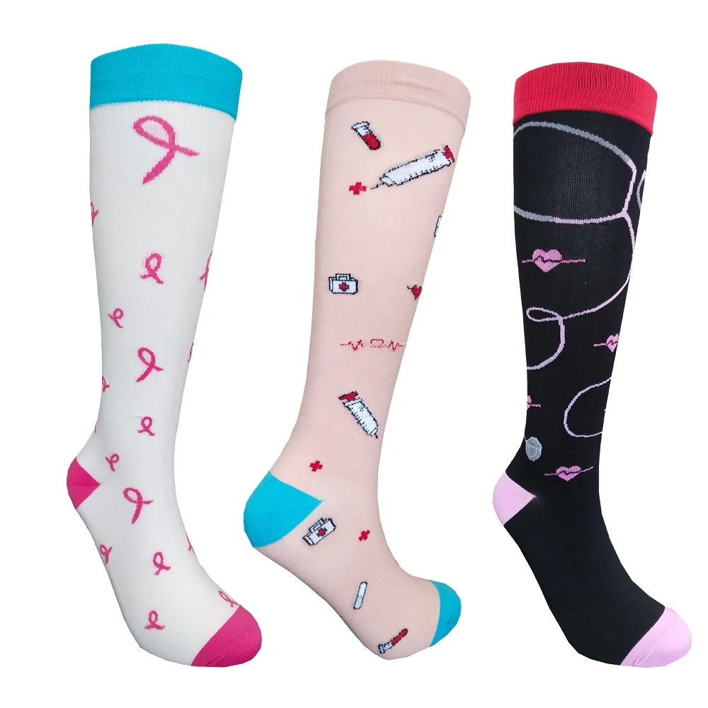 Custom 15-20mmhg casual nylon elastic knee high sports spandex women compression socks for nurses