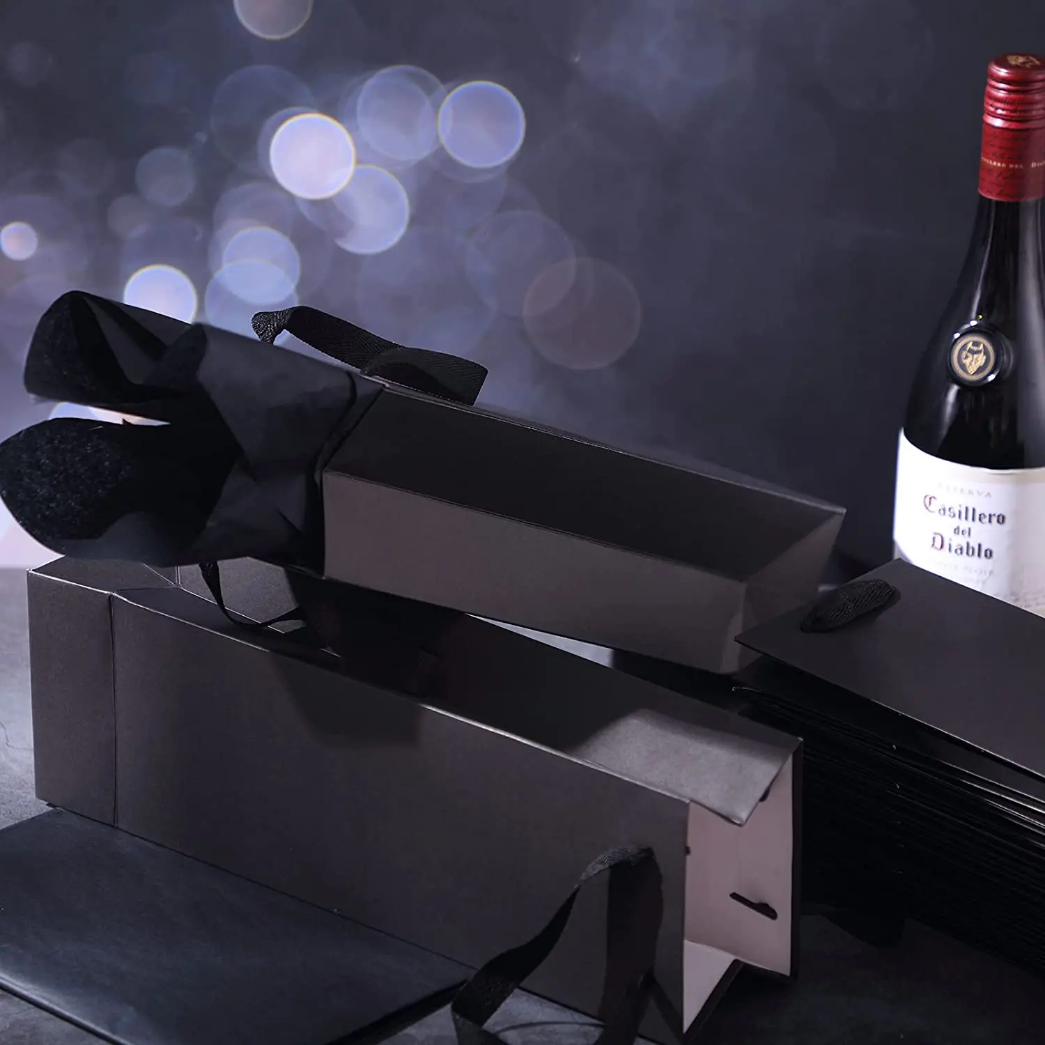 Wholesale luxury black champagne bag foldable rectangular gift paper bag wine paper bag with logo