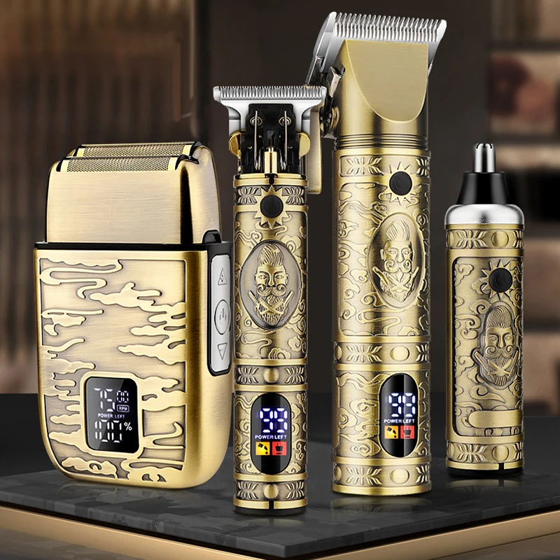 Dropshipping BeBeauty 740 NEW Hair Clippers Electric Shaver Hair Trimmer Nose Trimmer Men Grooming Set Metal Body Gold