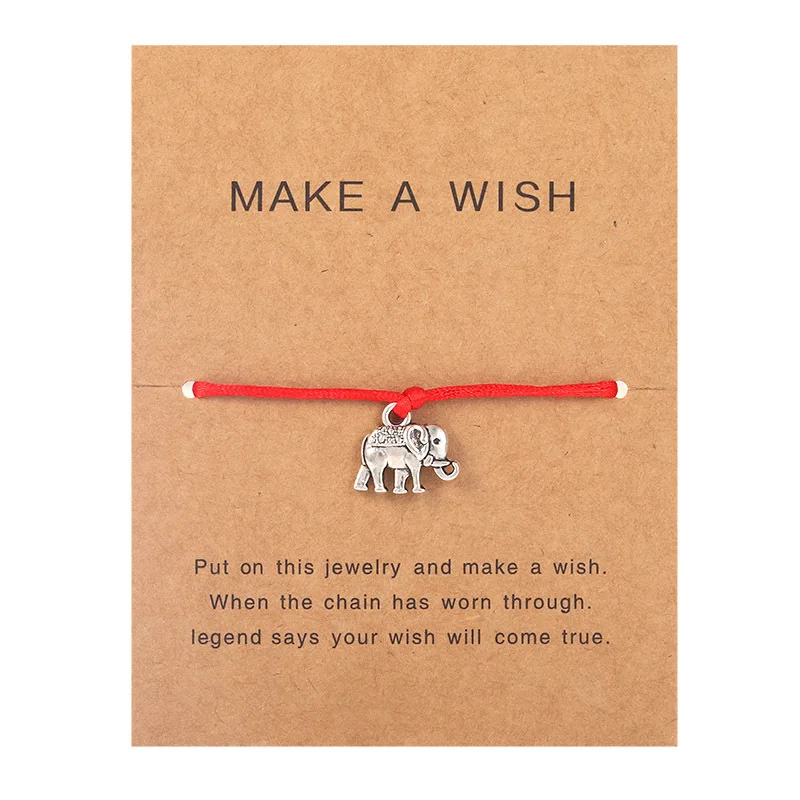 Memory Elephant Charm Black Red String Rope Cord Pinky Swear Promise Couple Bracelets with Make a Wish Card