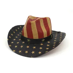 Classic American Flag Western Vintage Summer Sunhat Western Style Cowboy Straw Hat Flag