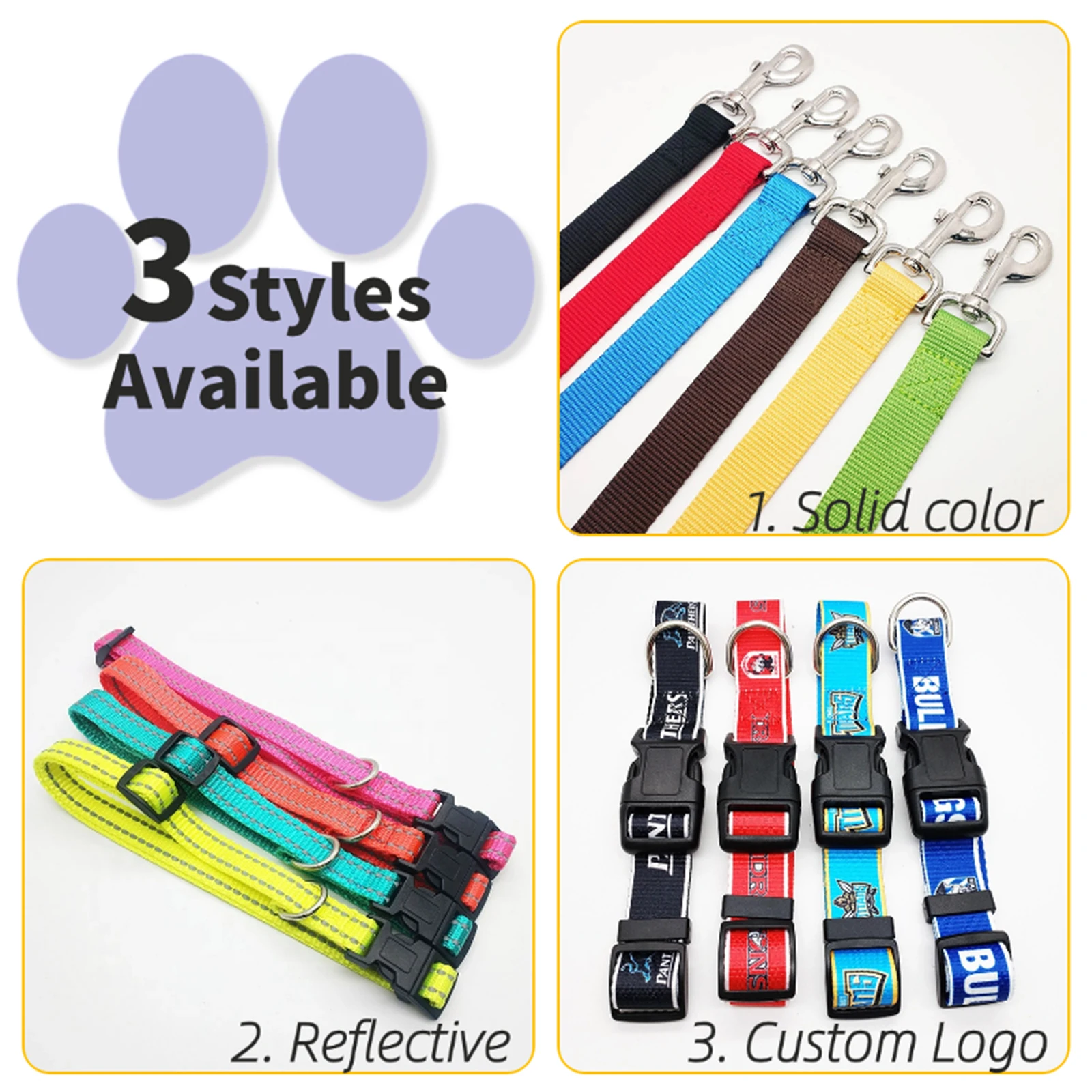 Personalized Diy Customized Big Metal Buckle Reflective Custom Printed Logo Tactical Collar Cat Dog Pet Leashes Collar Dog Leash