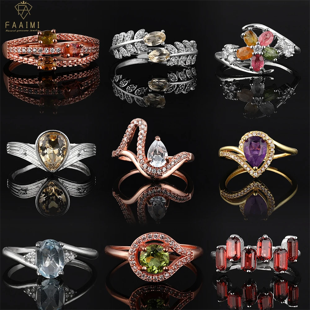 100% Natural gemstone rose quartz tourmaline amethyst garnet Ring for Women Crystal Quartz Adjustable silver colorfast ring gift