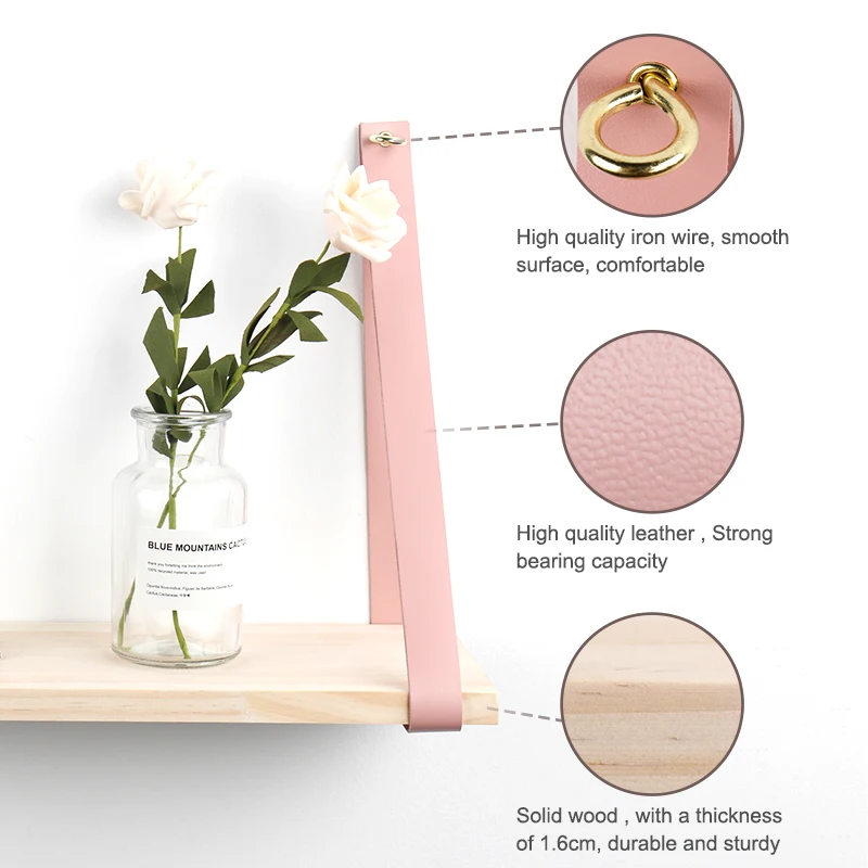 Rustic wooden wall mounted hanging shelf with leather strap wall hanging shelves