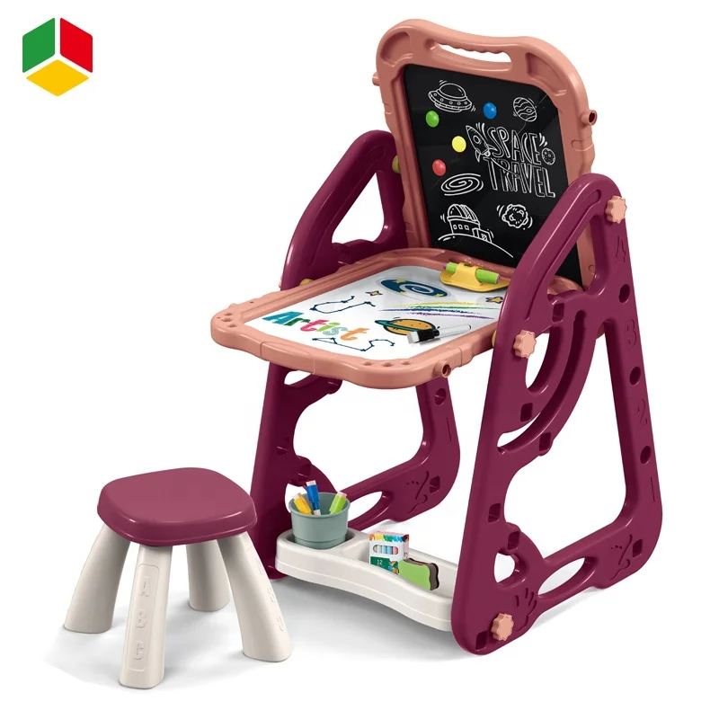 QS Wholesale Education Toy Double-sided Easel Stand Dry Erase Writing Painting Table Drawing Board With Chair Kids Gift Toys