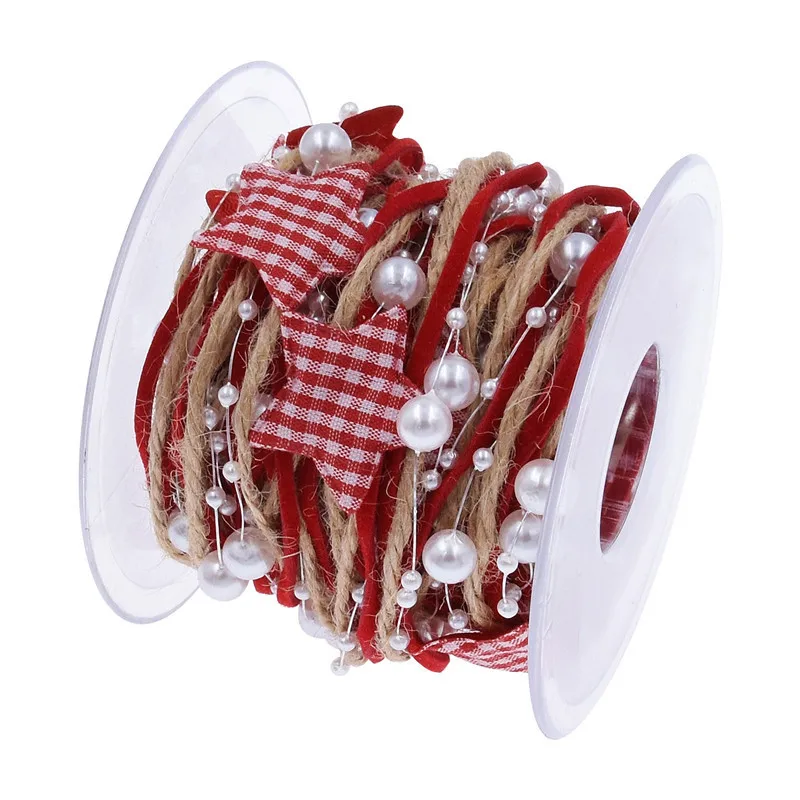 Handmade Five-pointed Star Pearl Beaded Hemp Rope Chain Ribbon Width 3 cm Christmas Tree Decoration Ribbon for Gift Packaging