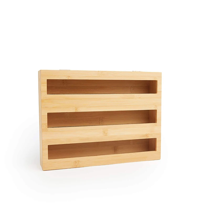 3 in 1 cling film Wrap Dispenser with Cutter Bamboo Foil Wax Paper Organizer and Dispenser for Kitchen Drawer