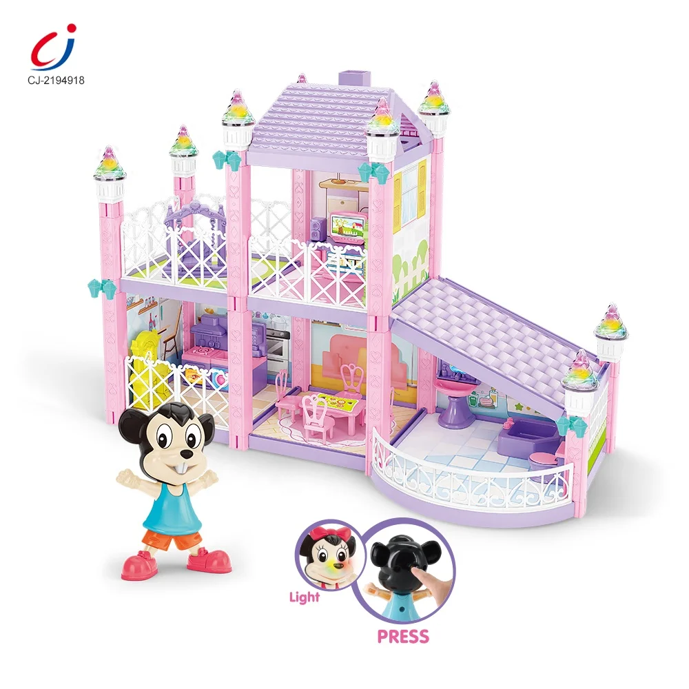 Kids play plastic hand-assembled building blocks sets diy miniature furniture doll villa house girls toys doll house with light