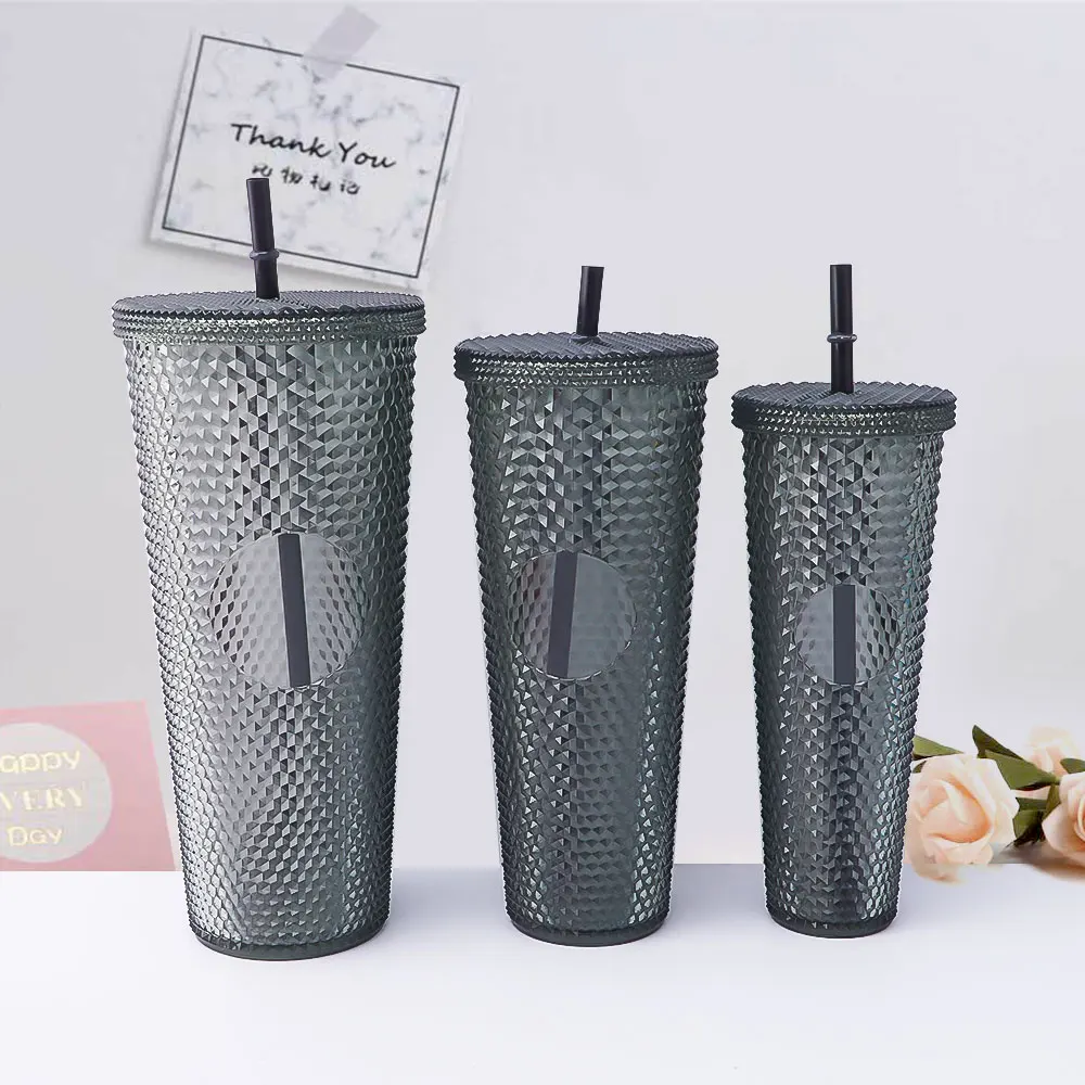 RTS  Colorful Double-Layer Durian Straw Tumbler Modern Design Diamond Glitter Plastic Coffee Cup Set for Parties