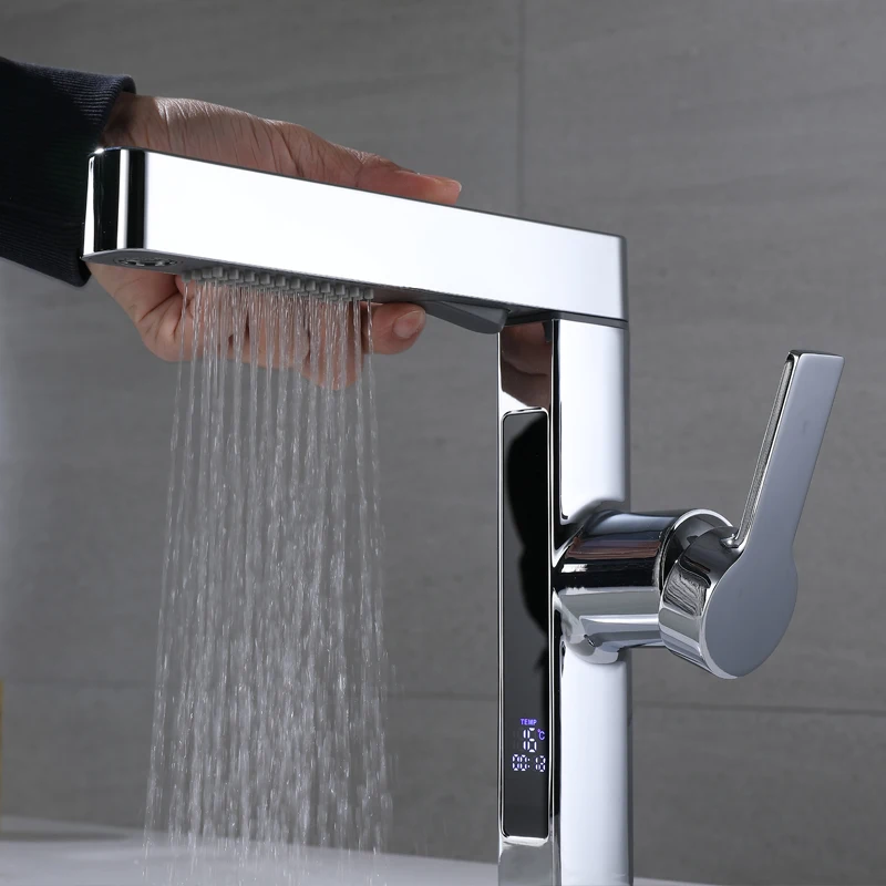 Digital Temperature Display Chrome Color Deck Mounted Pull Out Spray Lavatory Sink Bathroom Basin Faucet Mixer Tap