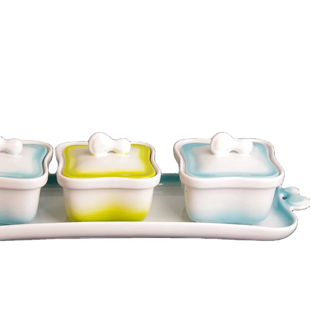 kitchen accessories condiment storage series ceramic seasoning pot with lid 3pcs for salt pepper spice sugar jars