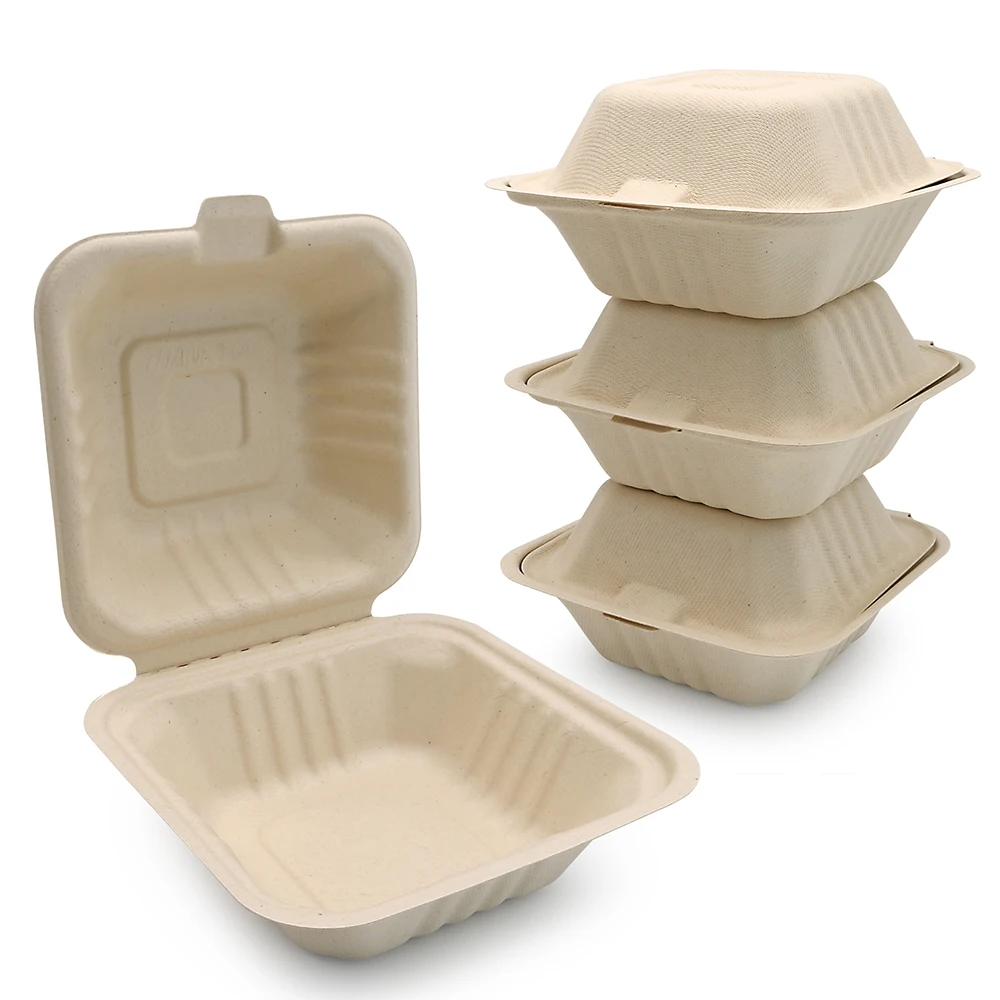 Eco Friendly Restaurant Biodegradable Takeaway Box Packaging Bagasse Clamshell Box Hinged Food Container Sugarcane Box