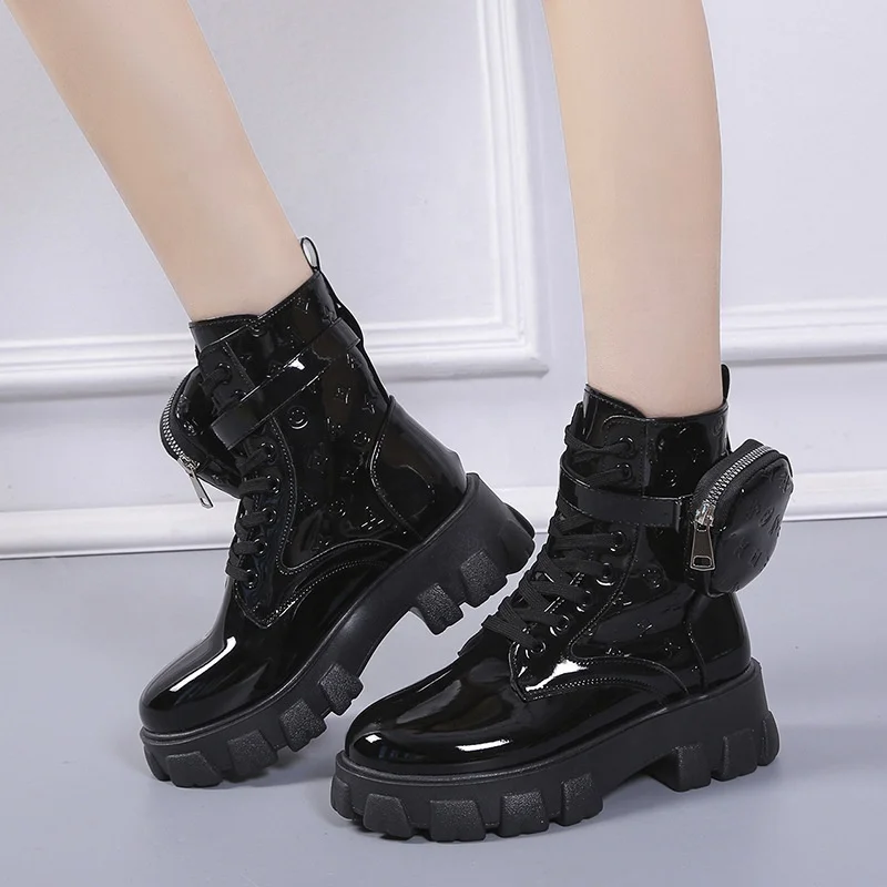 Ladies Buckle Strap Black Chunky Sole Printed Round Toe Thick Sole Lace up British Style Fashion Wallet Boots