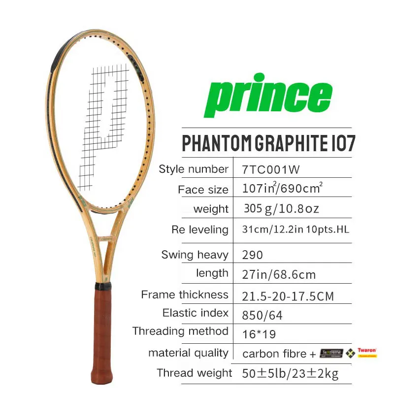 Prince Professional Tennis Racquet Adult Carbon Fiber Classic Vintage Wood Grain Racquet 7TC001W